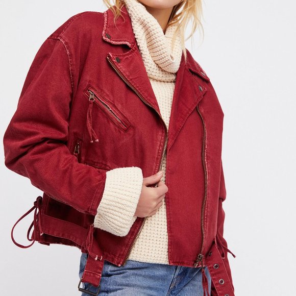 Free People Oversized Red Denim Moto Jacket Size M - Picture 1 of 14